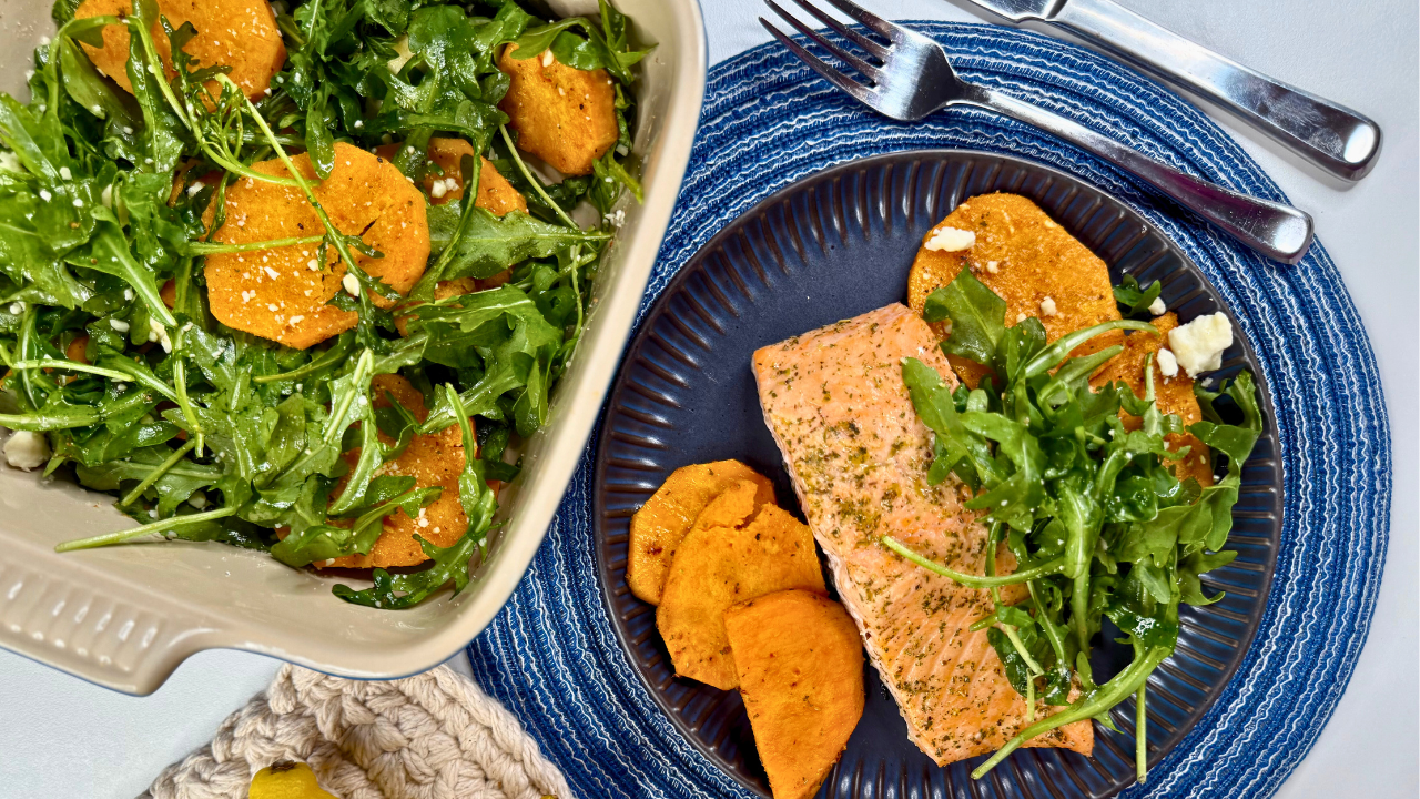 Roasted Salmon & Sweet Potato Salad with Arugula and Honey Vinaigrette