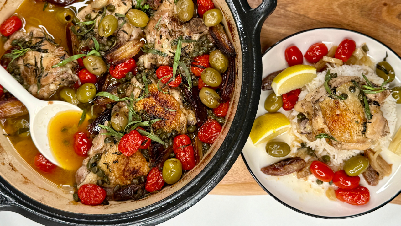 Baked Chicken Thighs with Dates, Olives and Cherry Tomatoes, Mediterranean Dinner Recipe